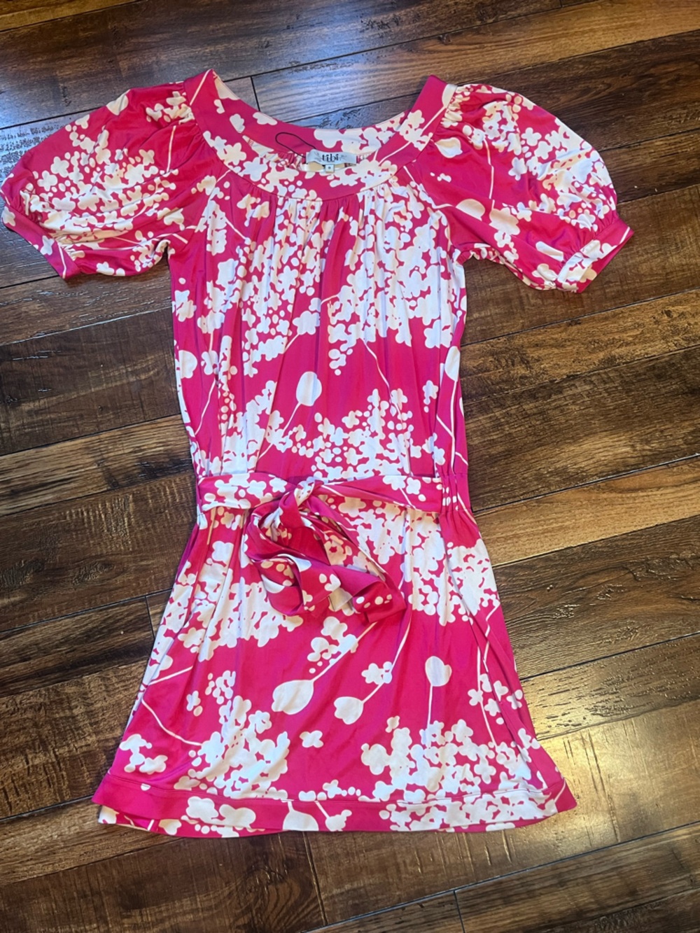Tibi Hot Pink and White Floral Puff-Sleeve Dress with Waist Tie